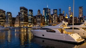 NYC skyline and luxury yachts at The Yacht Club.
