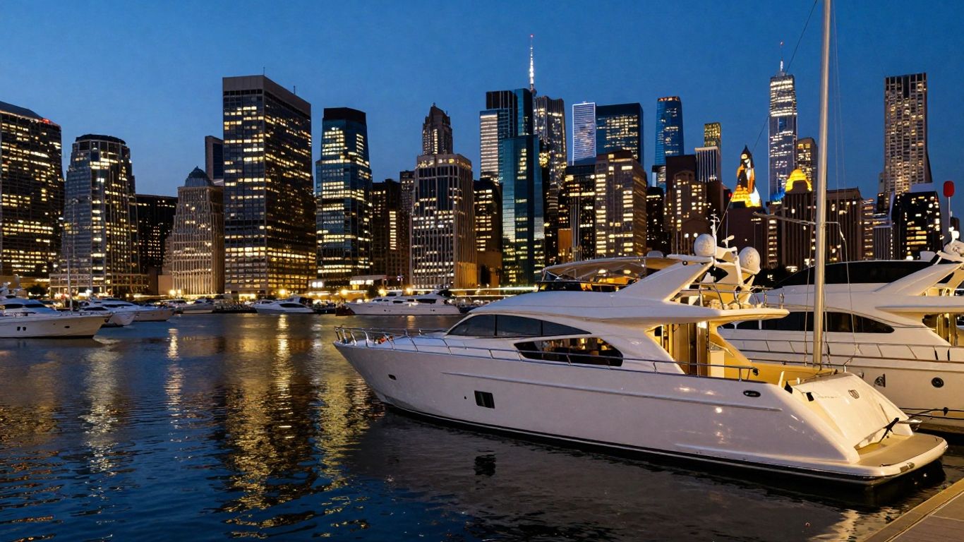 NYC skyline and luxury yachts at The Yacht Club.
