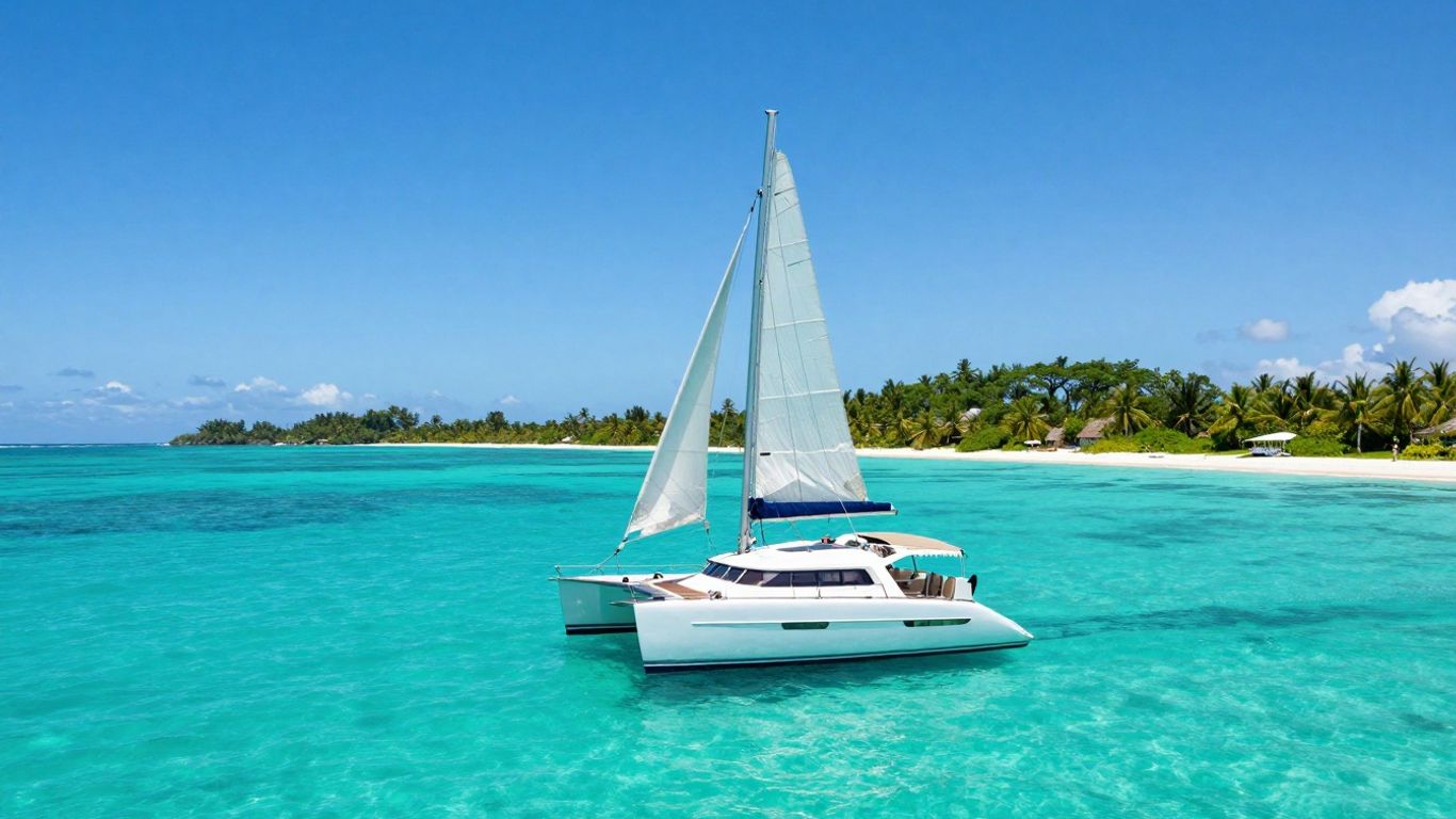 Catamaran sailing in Virgin Islands turquoise waters.