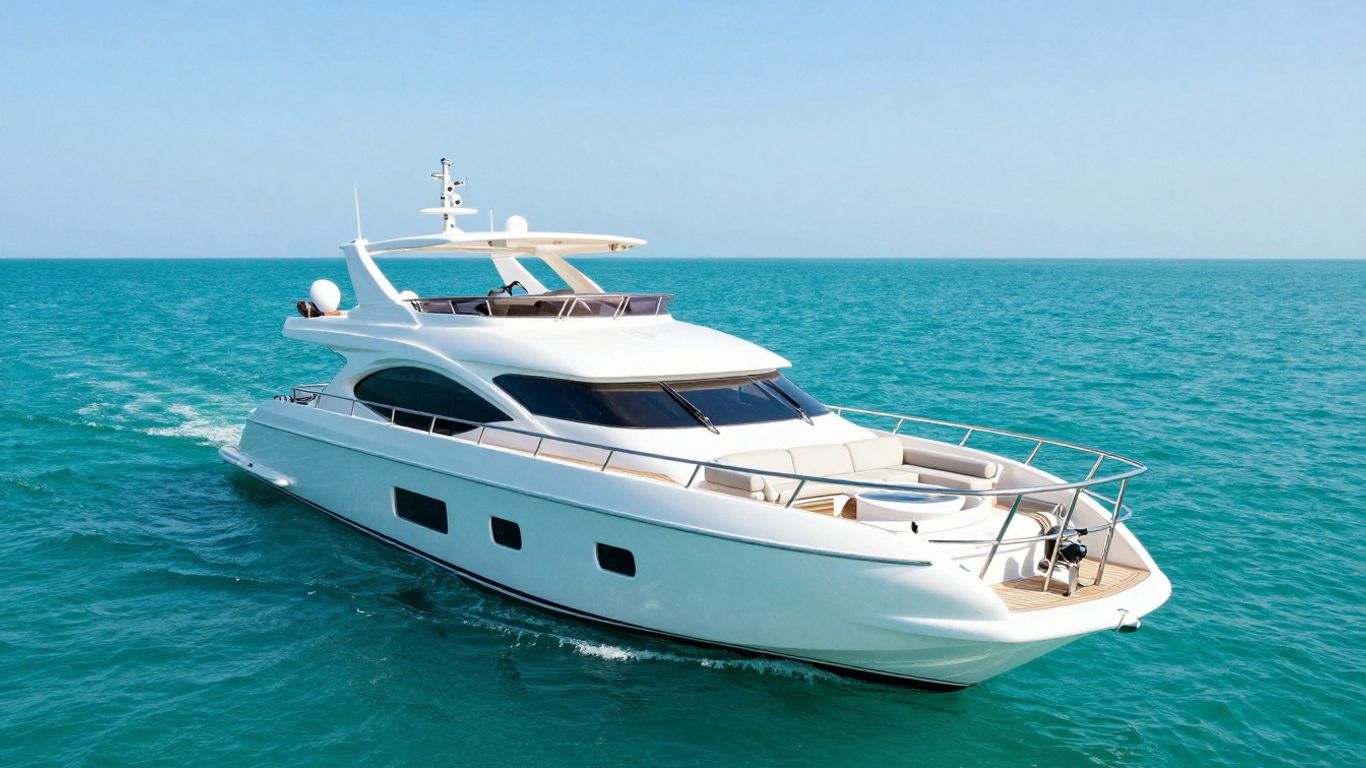 Turquoise Yacht sailing on clear blue water.