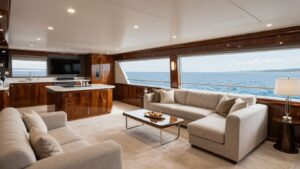 Luxury yacht interior with open-plan living and ocean views.