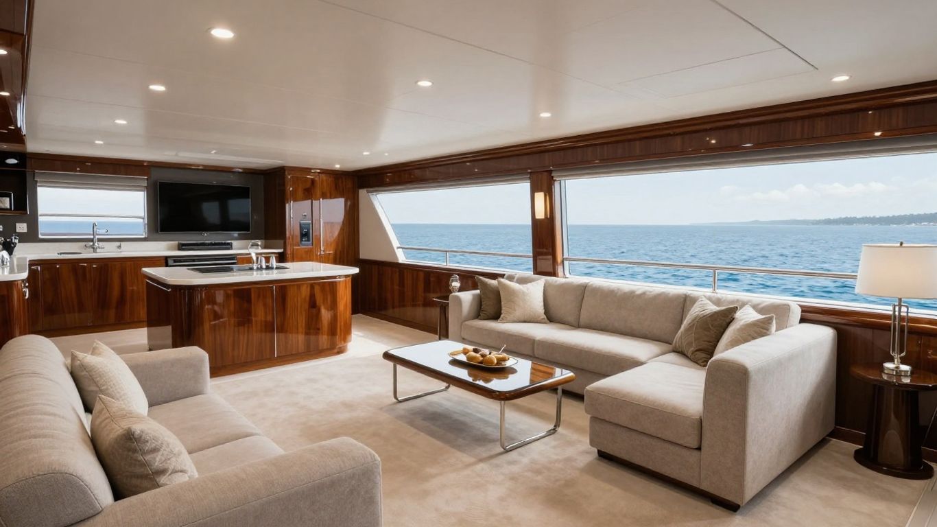 Luxury yacht interior with open-plan living and ocean views.
