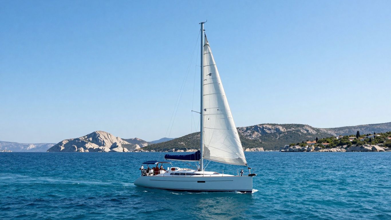 Sailboat on turquoise Adriatic Sea near Croatian islands.