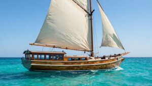 Luxurious gulet sailing on turquoise waters.
