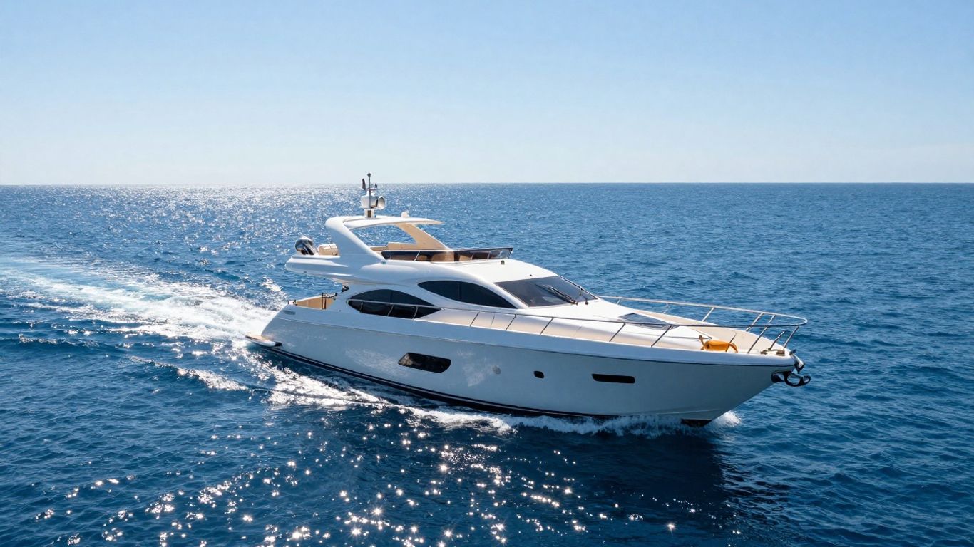 Luxurious yacht sailing on a calm, blue ocean.