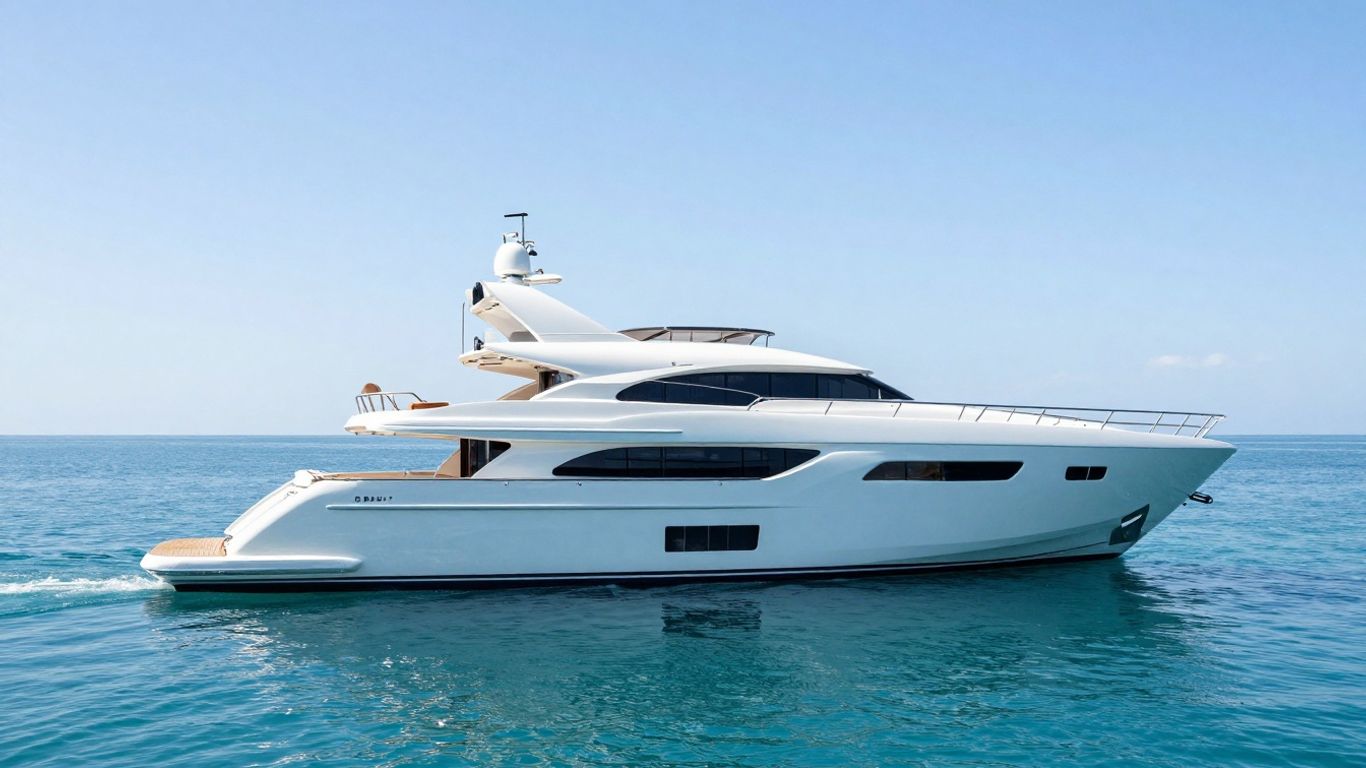 Luxury 60-meter yacht sailing on a clear blue ocean.