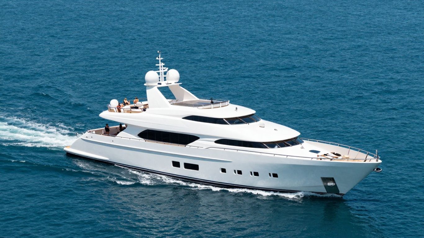 Luxurious 80-meter superyacht sailing on the ocean.