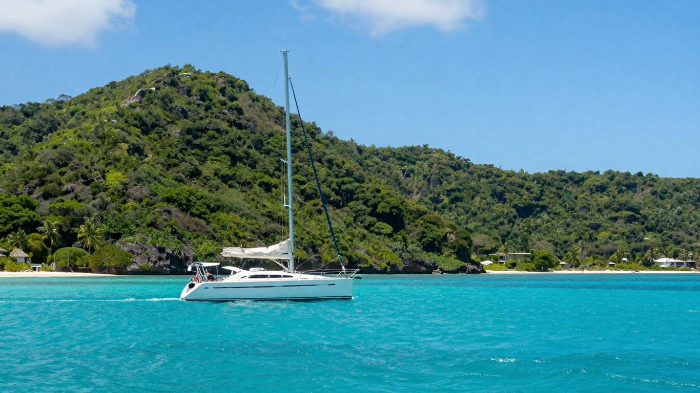 Sailboat on clear Caribbean waters near lush islands.