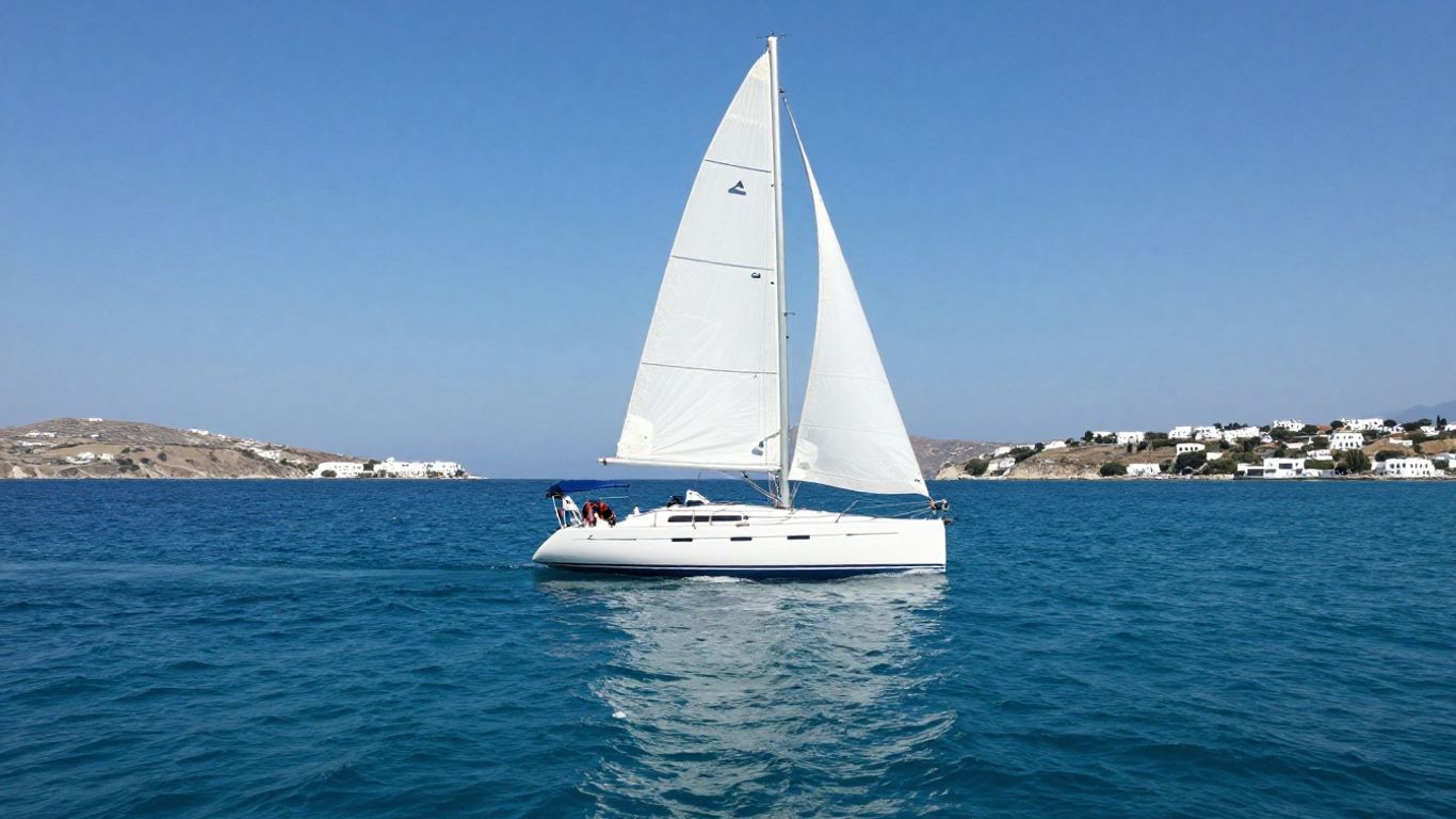 Sailboat on Aegean Sea near Greek islands.