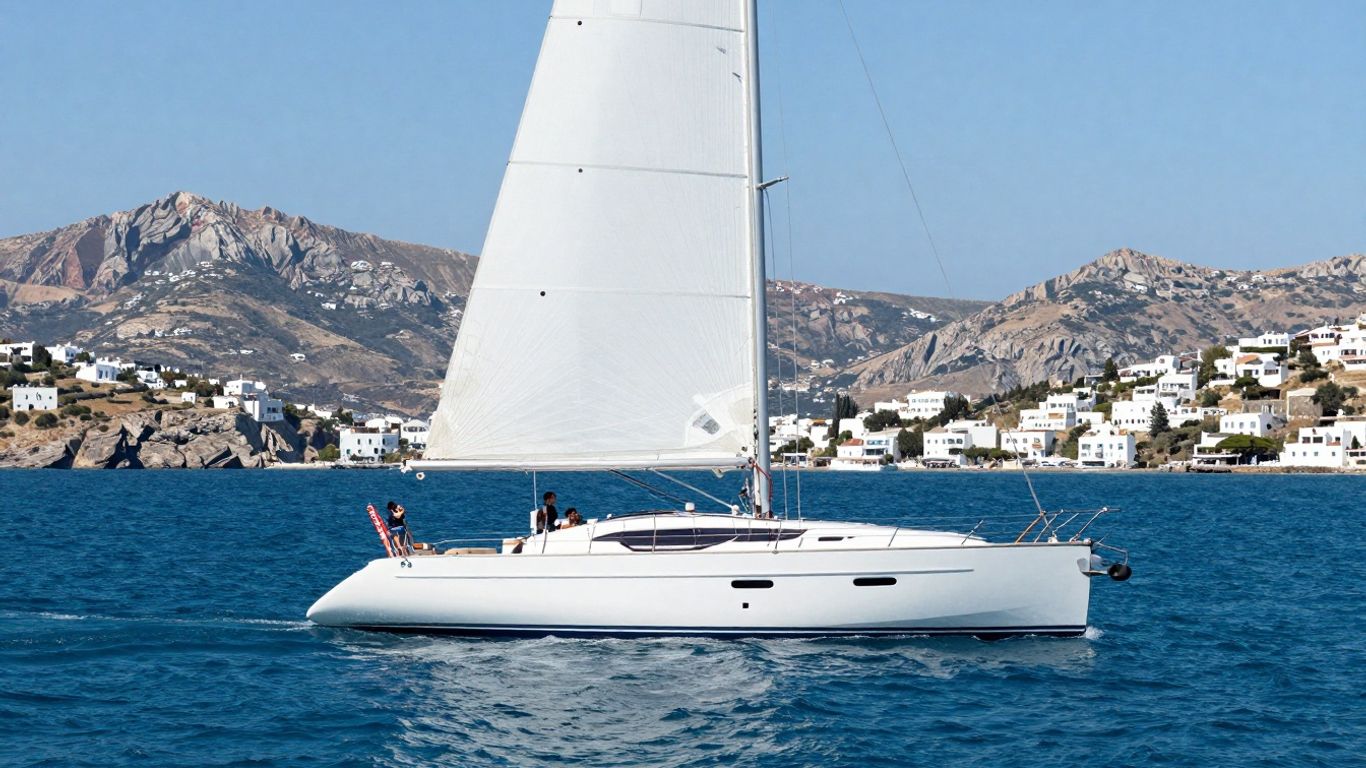 Yacht sailing in the Aegean Sea near Greek islands.