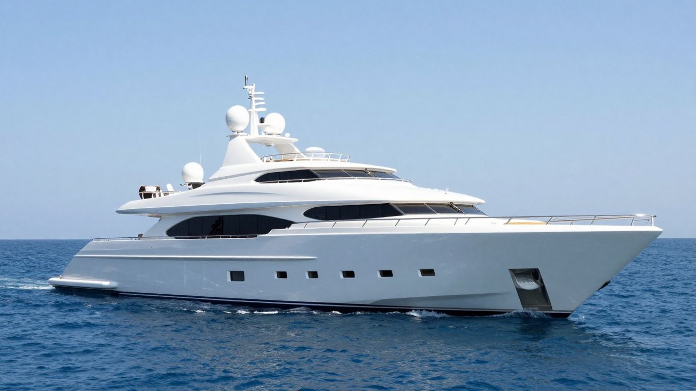 Sleek white luxury yacht on a calm blue ocean.