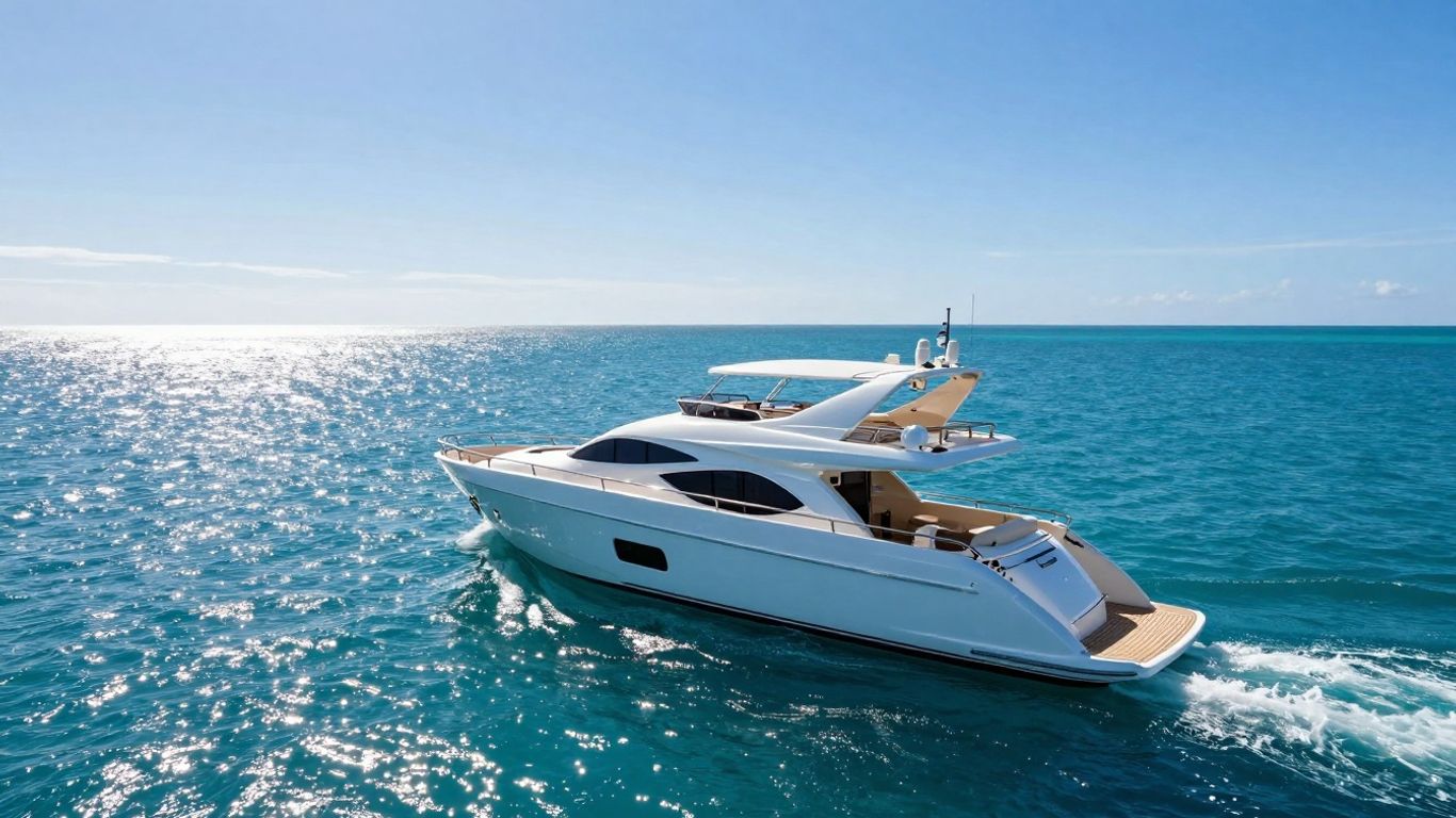 Luxurious 80-foot yacht sailing on a clear blue ocean.