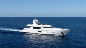 Superyacht sailing on the open ocean.