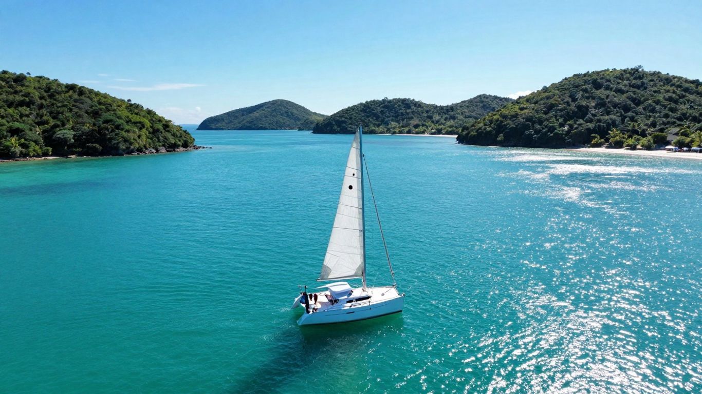 Sailboat anchored in clear turquoise water, BVI