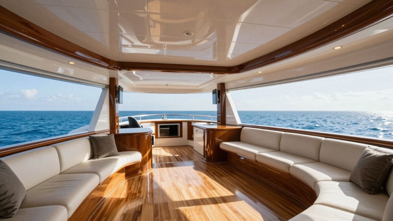 Luxury yacht interior with ocean view and elegant layout.