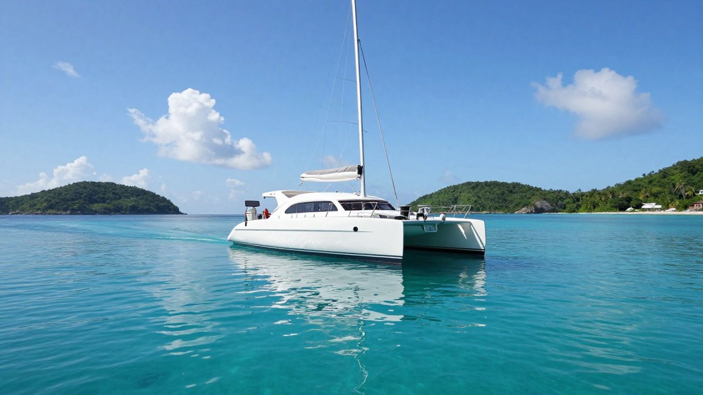 Catamaran sailing on turquoise water near islands.