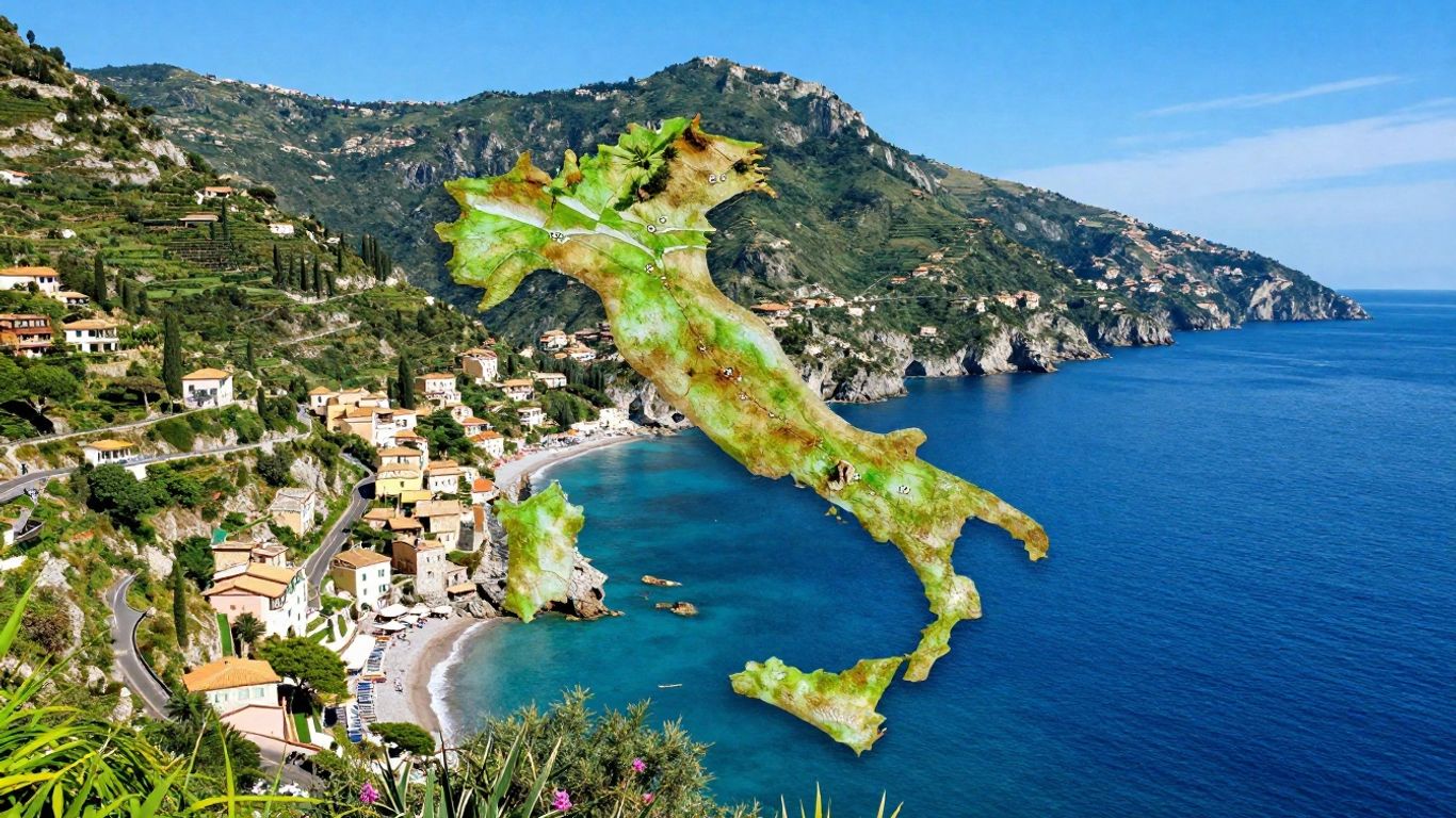 Map of Italy's scenic west coast with beaches and towns.