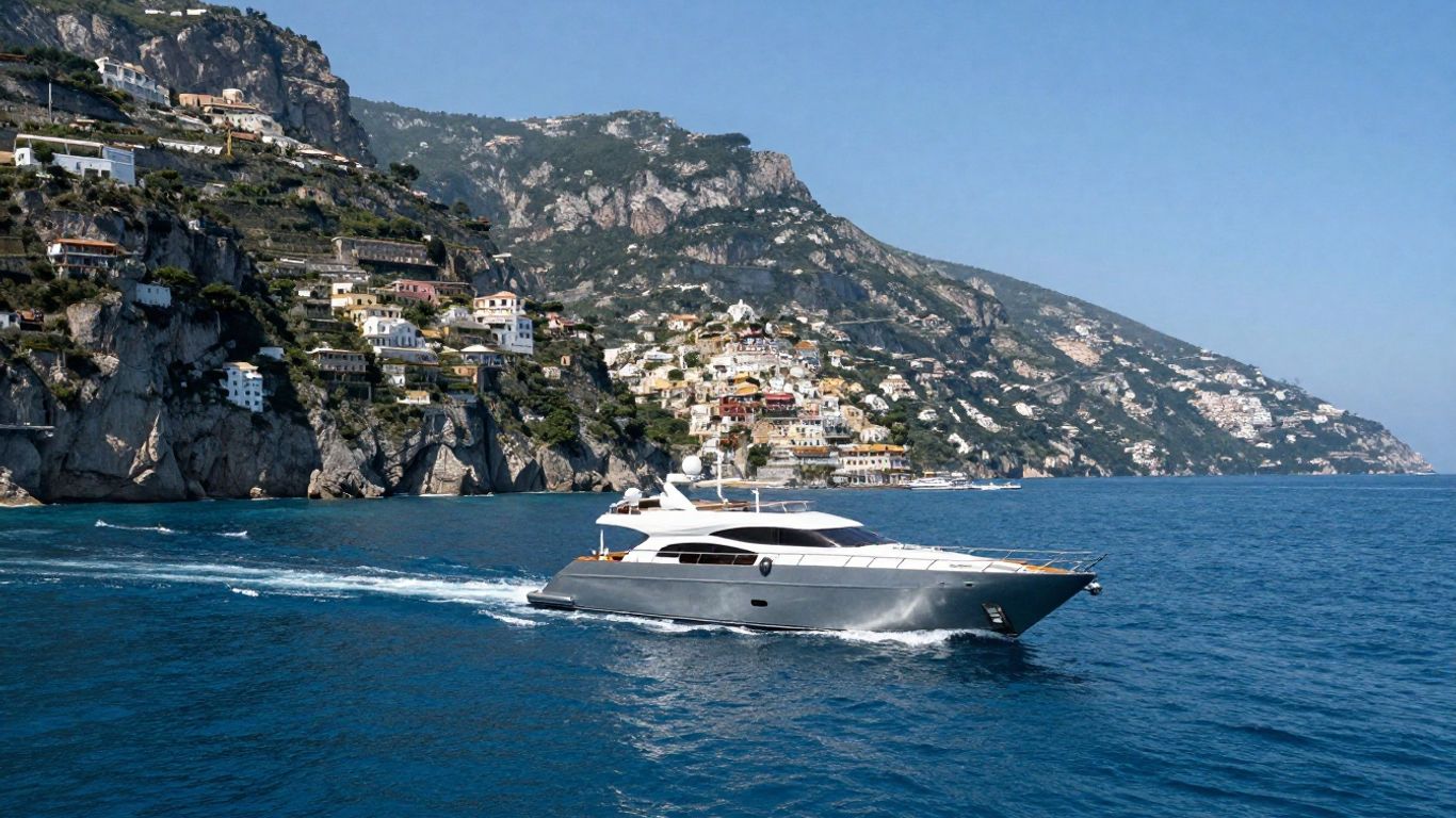 Luxury yacht sailing Amalfi Coast waters with scenic cliffs.
