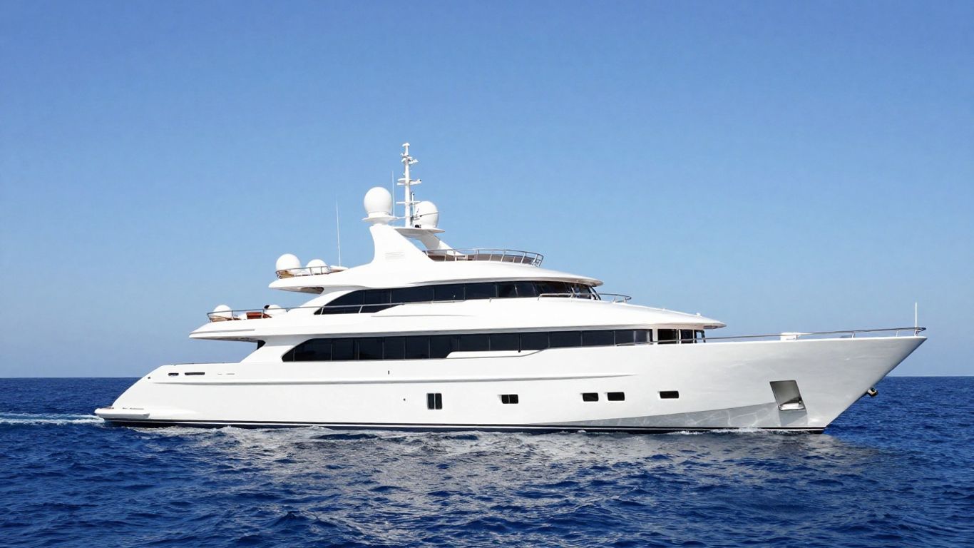 Luxurious 400-foot yacht sailing on a sunny ocean.