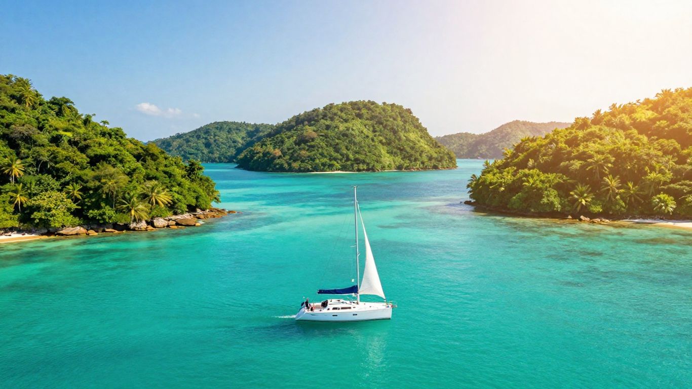 Sailboat approaching a beautiful Bahamian bay with clear turquoise water.