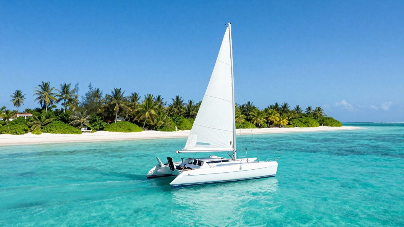 Catamaran sailing on turquoise Caribbean waters near islands.