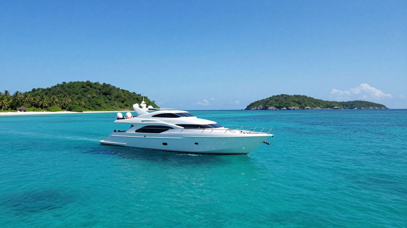 Luxury yacht sailing in clear turquoise Bahamian waters.