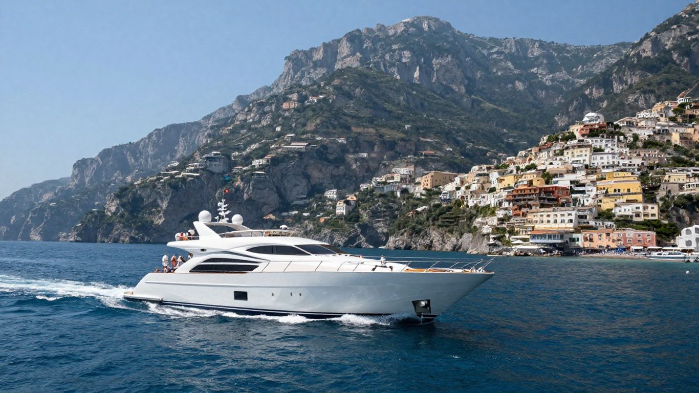 Luxury yacht sailing Amalfi Coast with colorful villages.