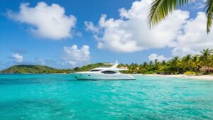 Yacht sailing in tropical British Virgin Islands paradise