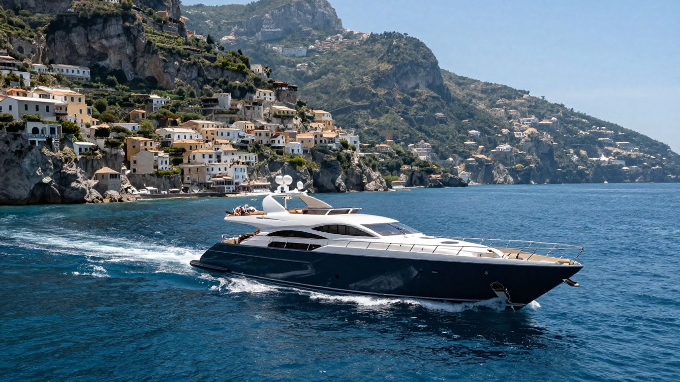 Luxury yacht sailing the Amalfi Coast, Italy.