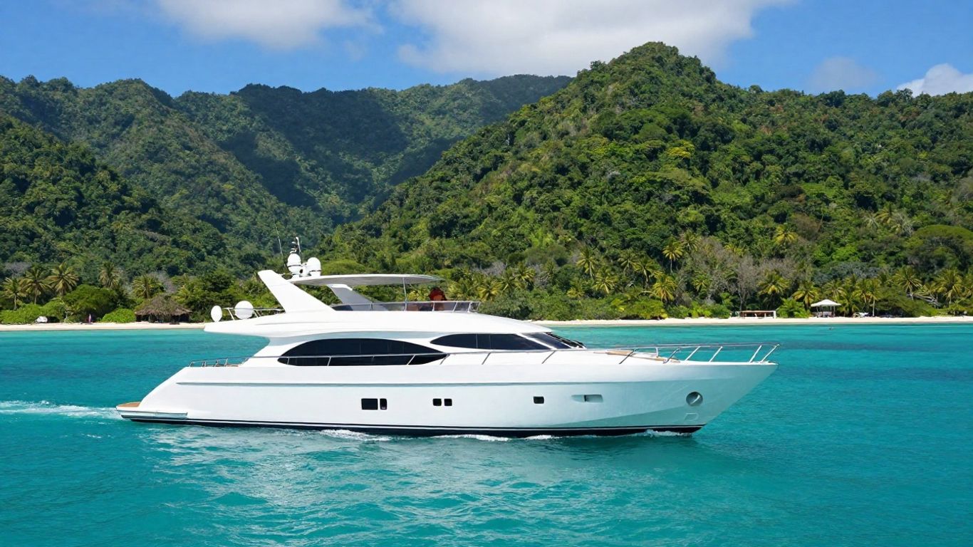 Luxury yacht sailing Costa Rica coast, jungle mountains backdrop.