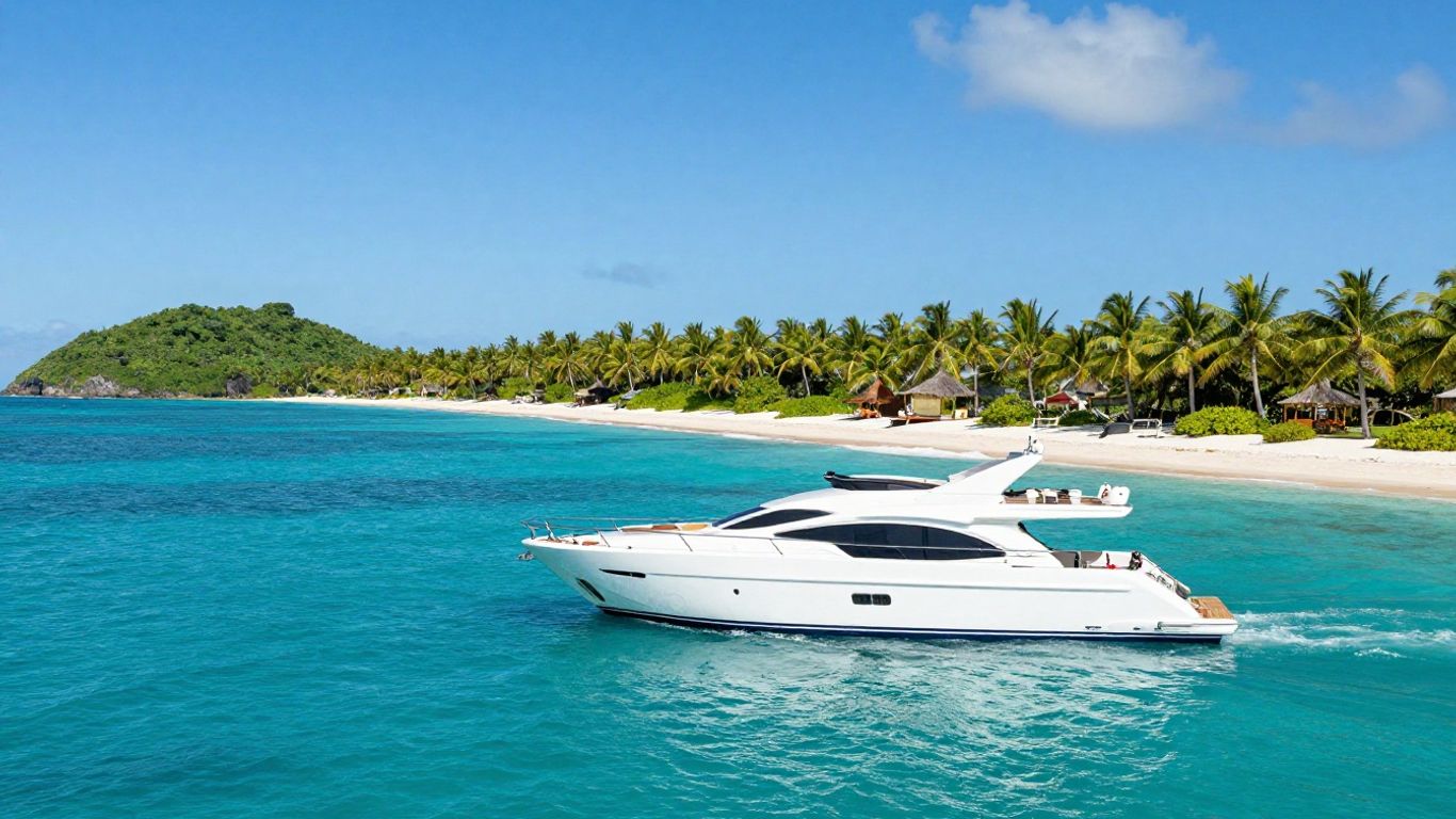 Luxury yacht sailing in clear turquoise Bahamian waters.
