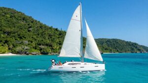 Sailboat on turquoise water near British Virgin Islands