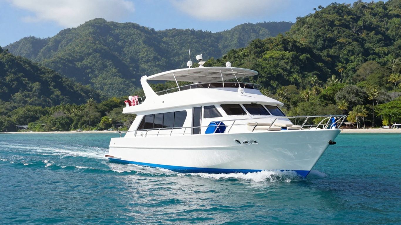 Luxury charter boat sailing Costa Rican coast with mountains.