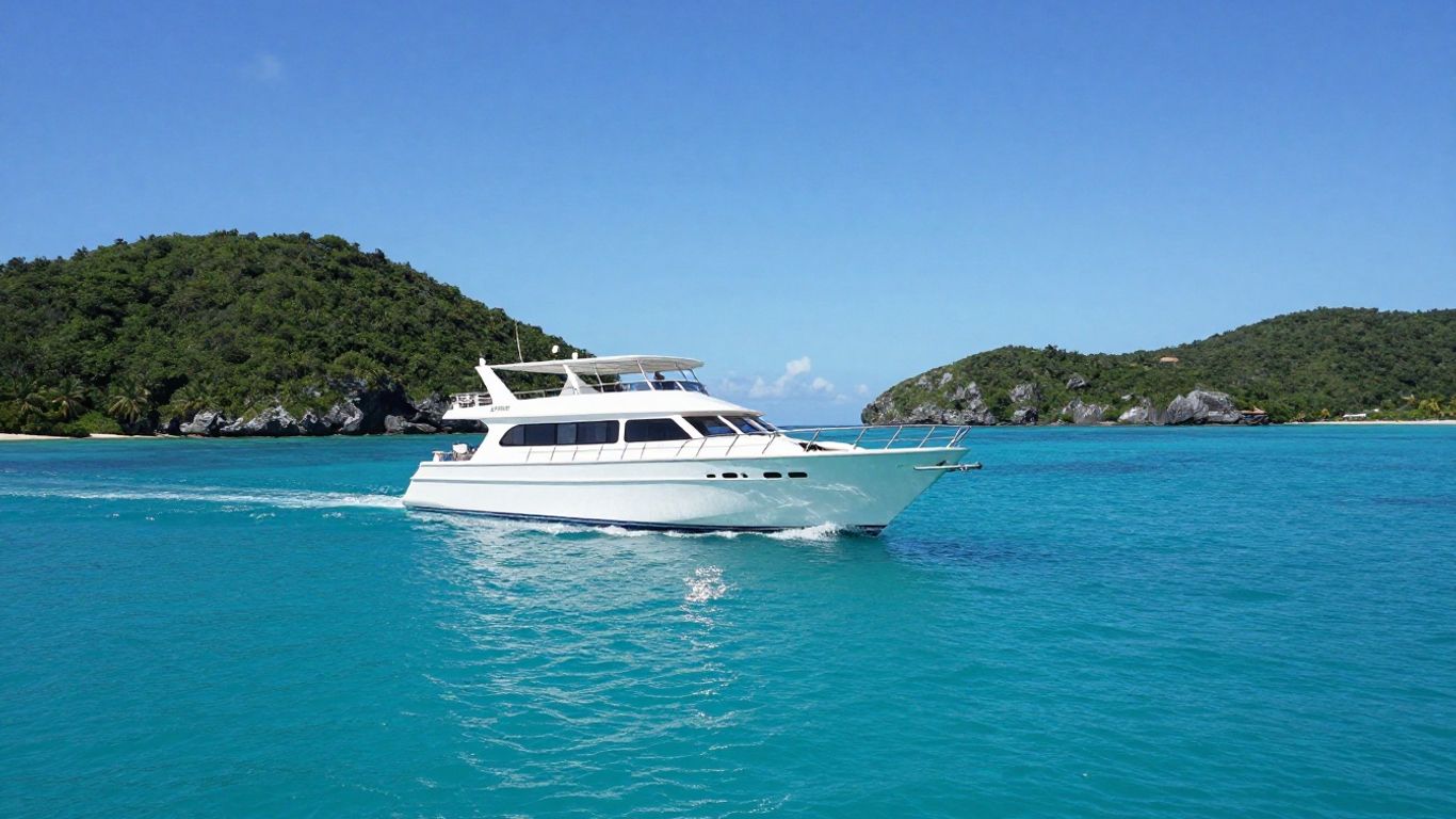 Charter boat sailing in clear Caribbean waters near islands.