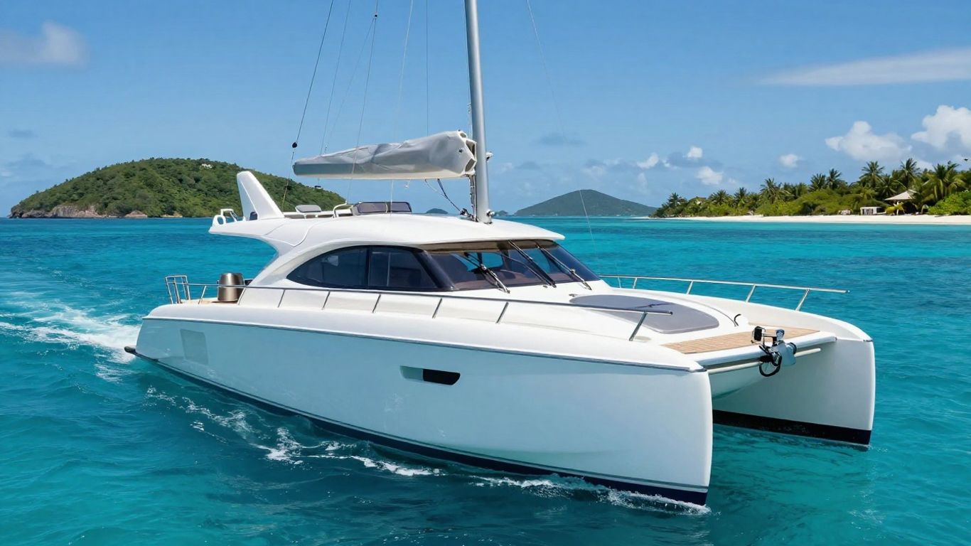 Power catamaran sailing in clear turquoise waters near BVI islands.