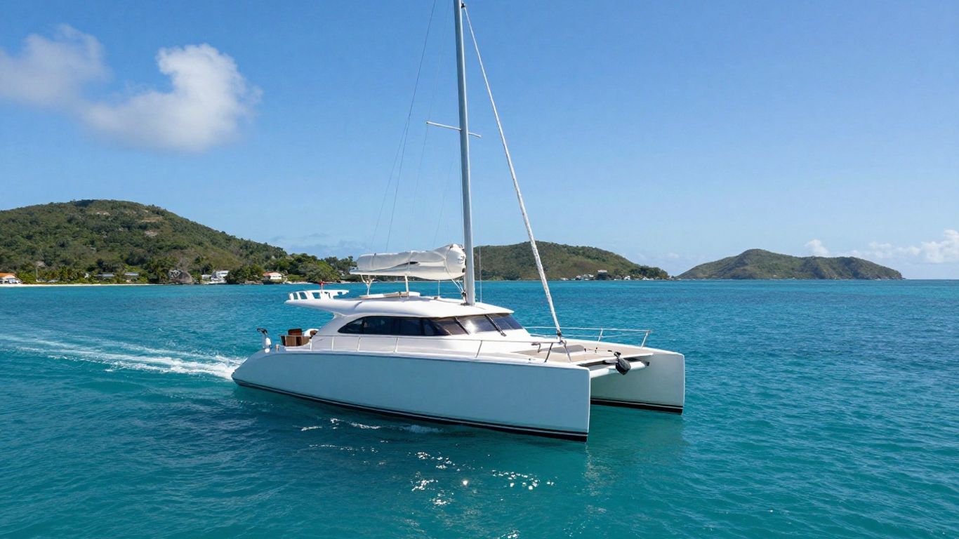Power catamaran sailing in British Virgin Islands waters.