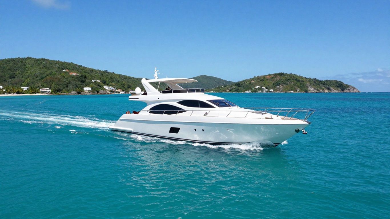 Luxury yacht sailing turquoise waters, British Virgin Islands.