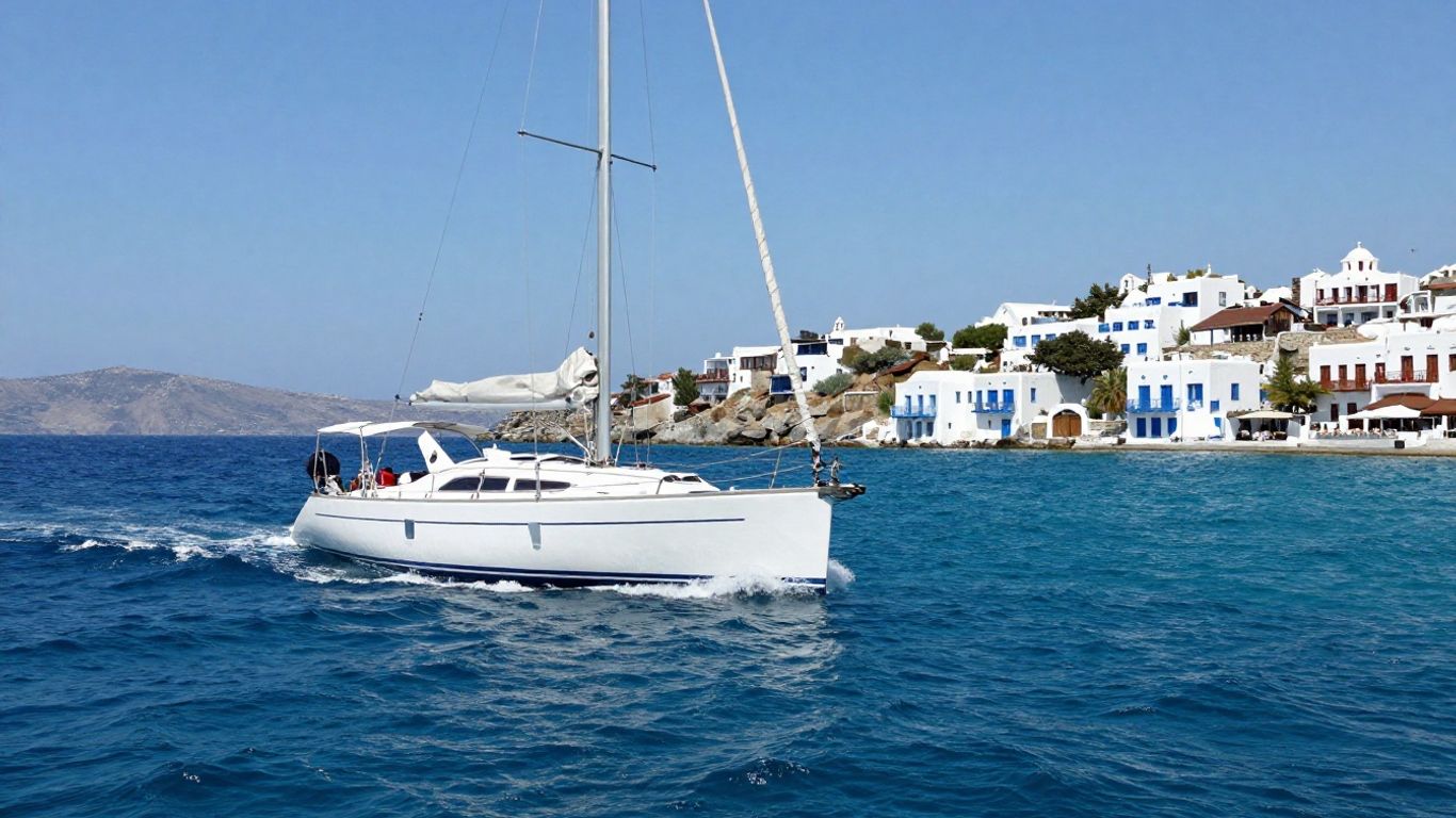 Sailboat on turquoise water near Greek island.
