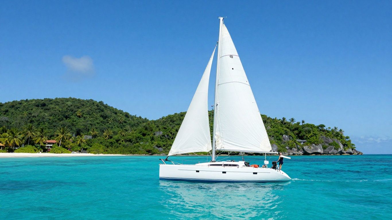 Sailboat sailing in the BVI with islands in background.