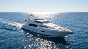 Luxury yacht sailing on a clear blue ocean.