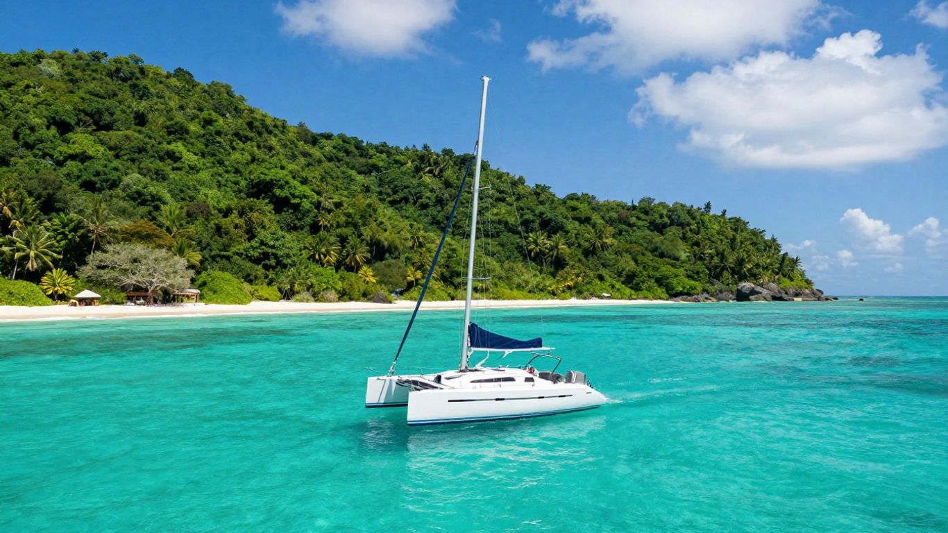 Sailboat on turquoise water near Tortola, BVI.
