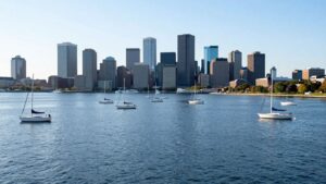 Sailboats anchored in Boston Harbor with city skyline.
