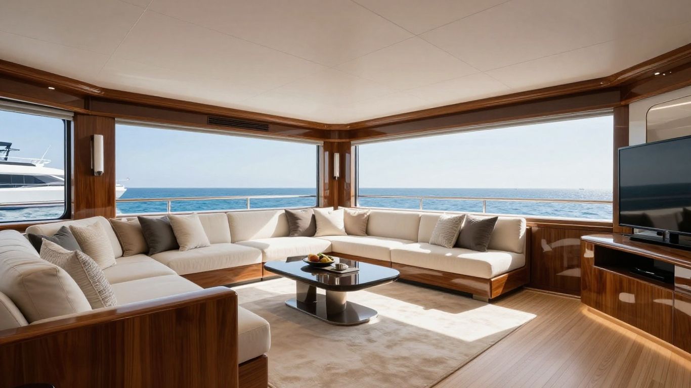 Luxurious yacht interior with modern furniture and ocean views.