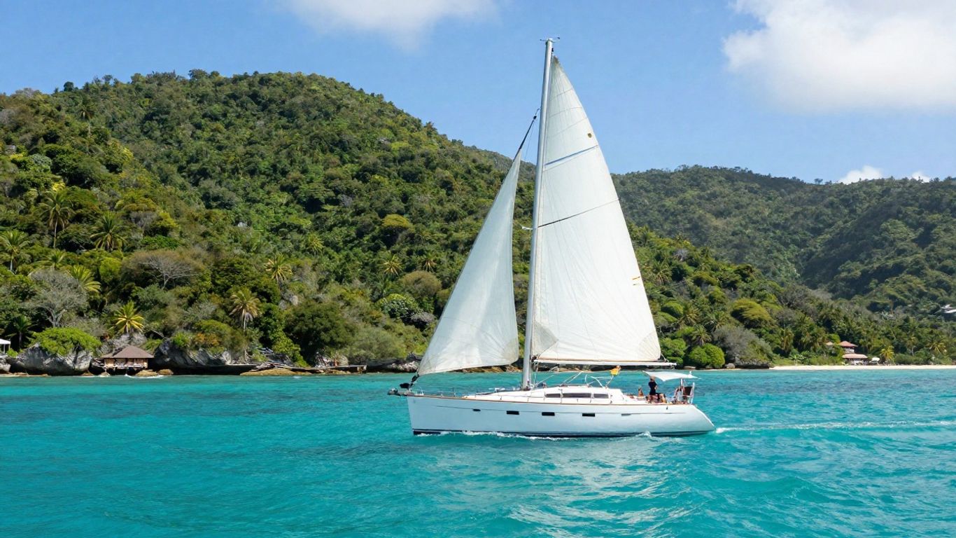 Sailboat sailing in Grenada's clear turquoise waters.