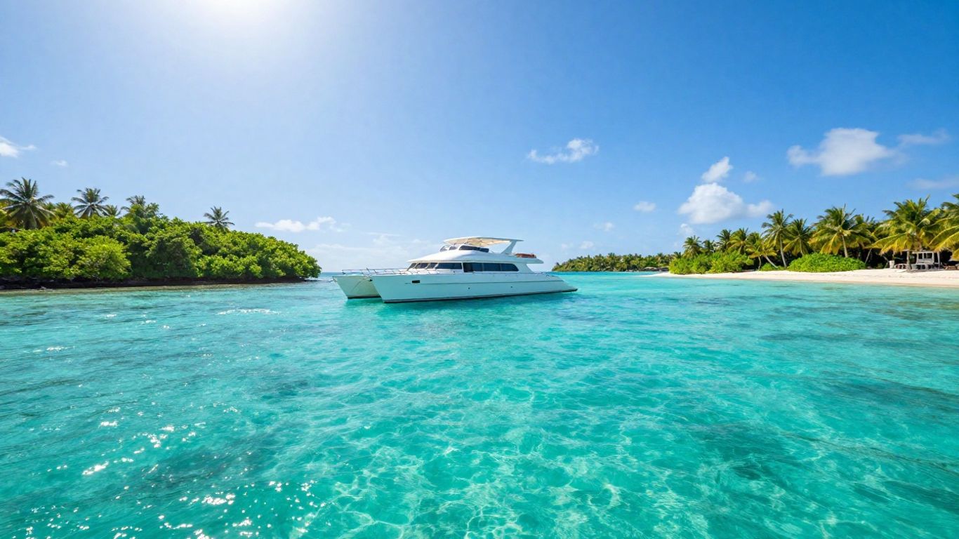 Catamaran sailing in Belize turquoise waters near islands.