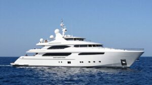 Majestic Gallant Lady Feadship yacht on blue water.
