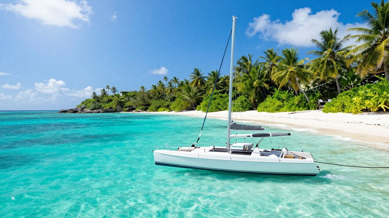 Catamaran sailing turquoise waters near Tortola islands.