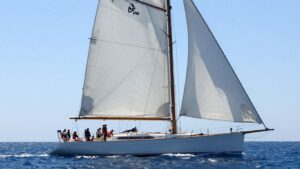 Sailing yacht Seahawk on a clear blue sea.