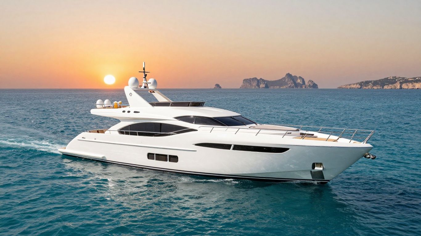 Luxury yacht sailing in Ibiza at sunset.