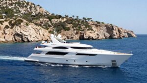 Luxury superyacht sailing in Ibiza waters.